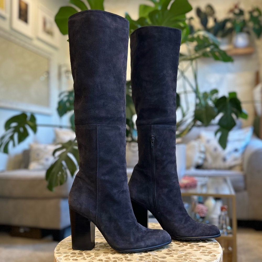 Stuart Weitzman Elegant Dark Gray Suede Knee-High Heel Boots